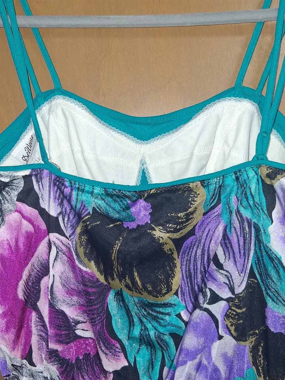 1970s DeWeese Swimsuit Dress Teal Purple Pink Floral One Piece Sundress Size 12